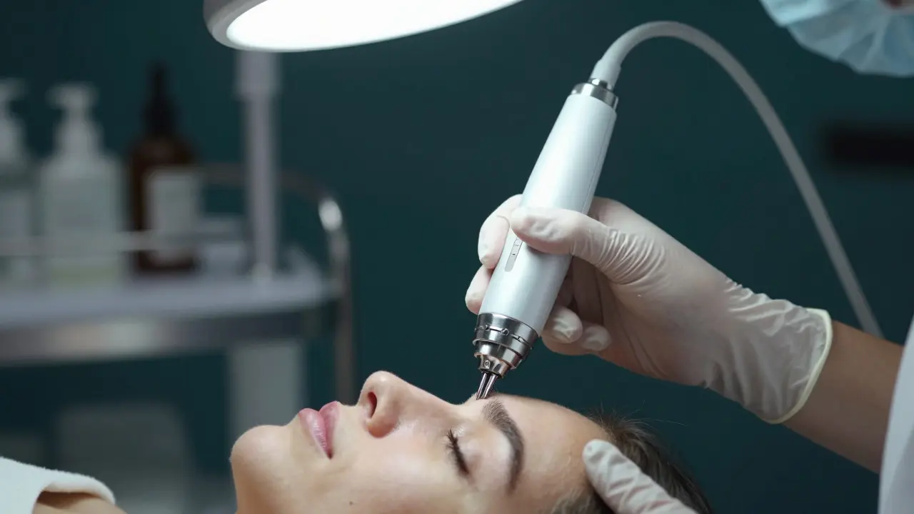 Detail moderního přístroje na lifting v rukou odborné kosmetičky.