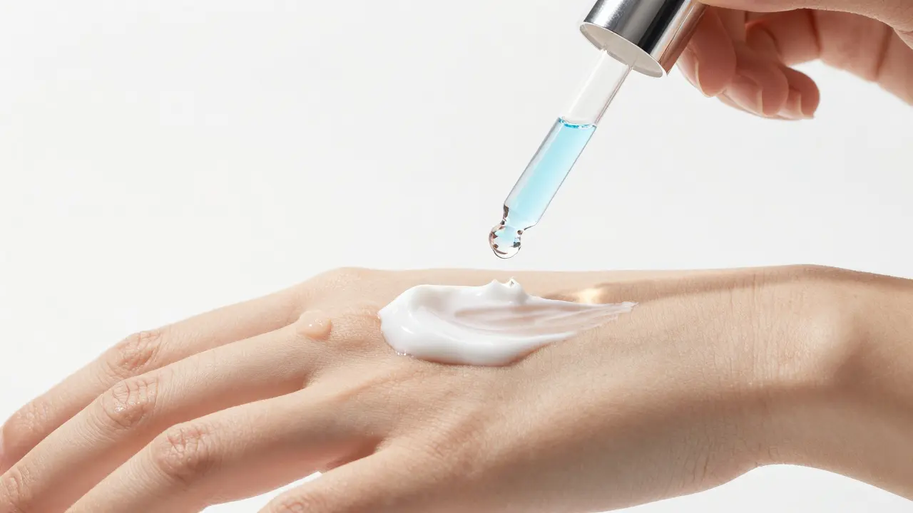 Detail nanášení hydratačního séra a krému na vlhky kůži v čistém studiu.