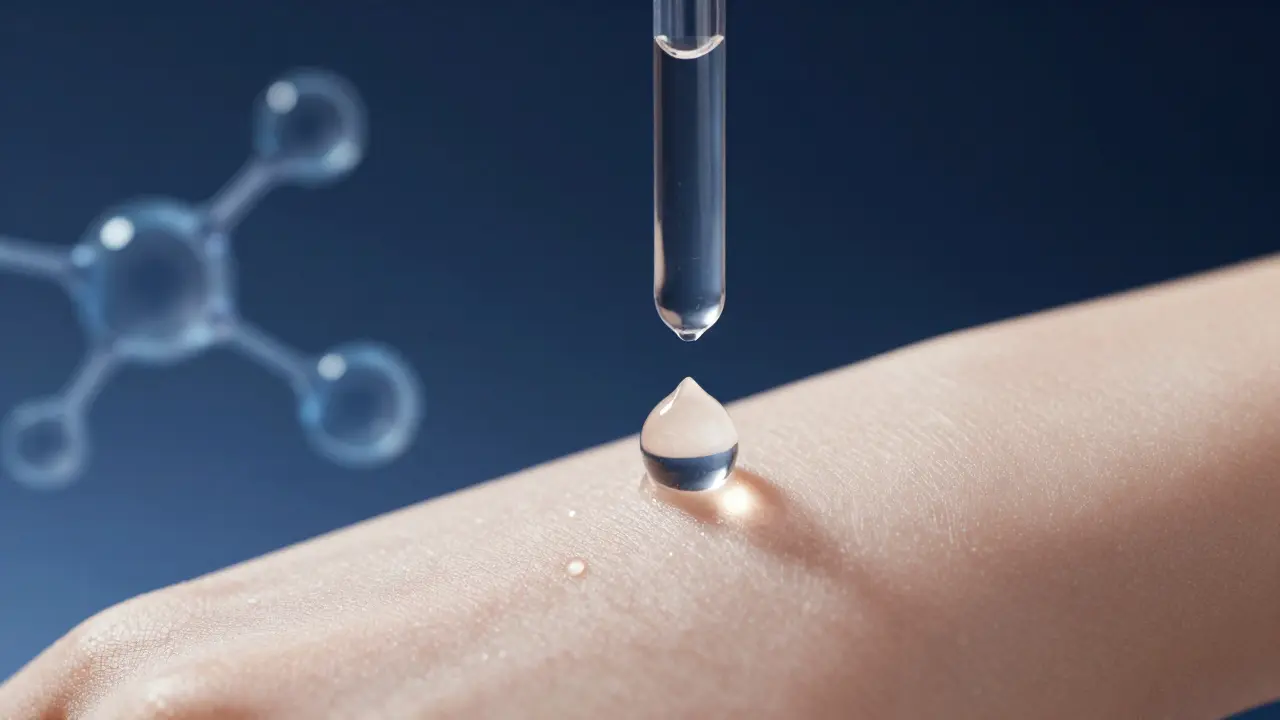 Kapka hydratačního séra s hyaluronovou kyselinou dopadající na čistou pleť.