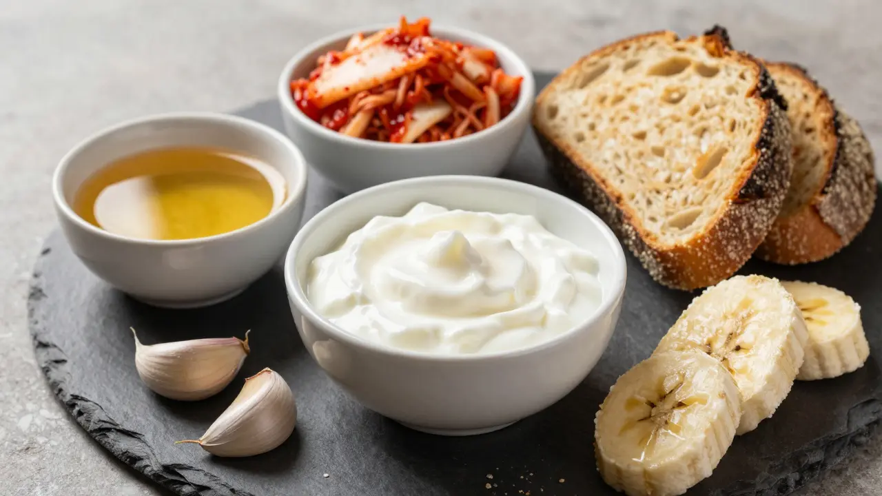 Kefýr, kimchi, banány a česnek jako zdroje probiotik a prebiotik.