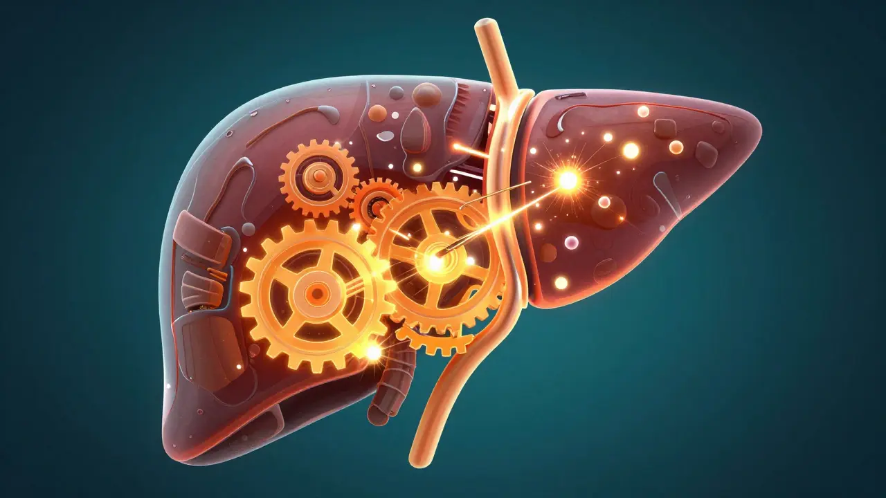 Konceptuální ilustrace jater a procesu metabolismu hormonů v těle.