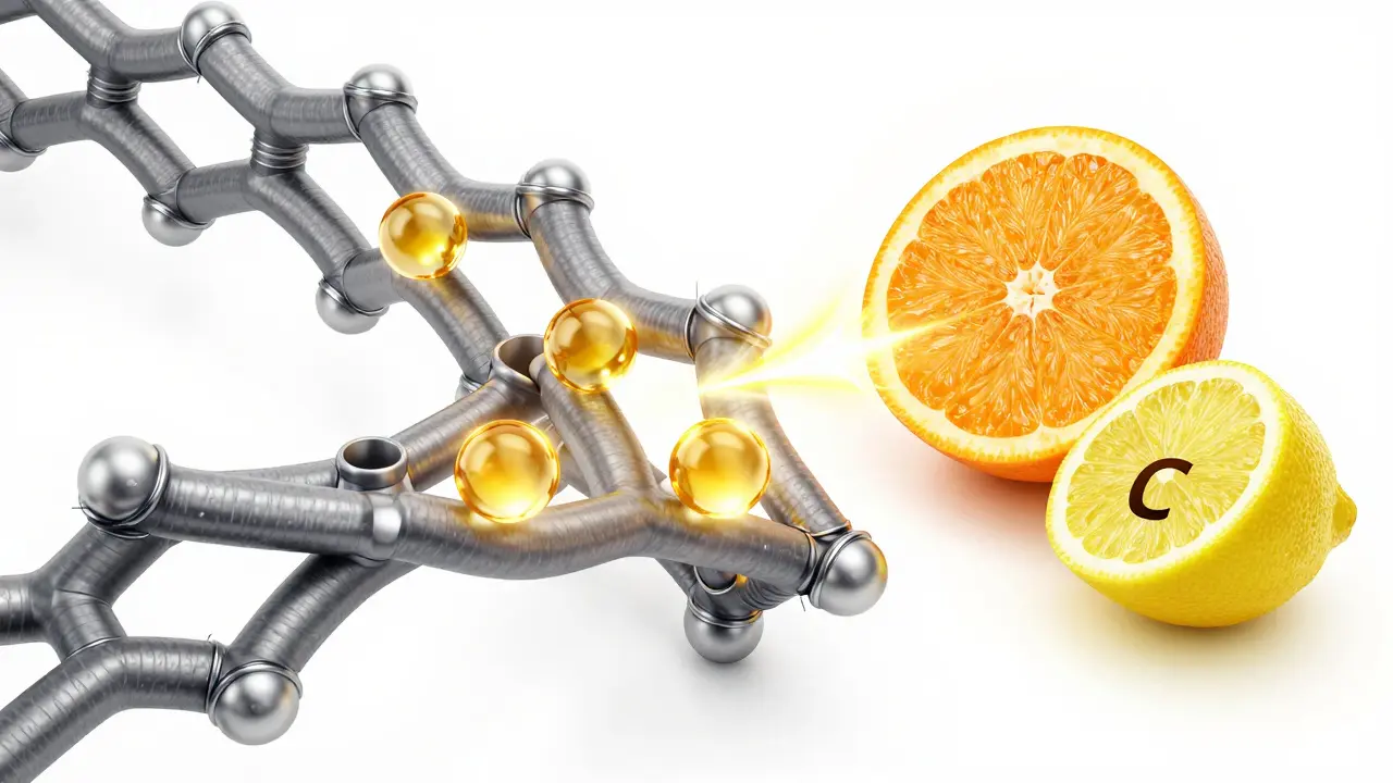 Konceptuální model kolagenu, glukosaminu a vitamínu C.