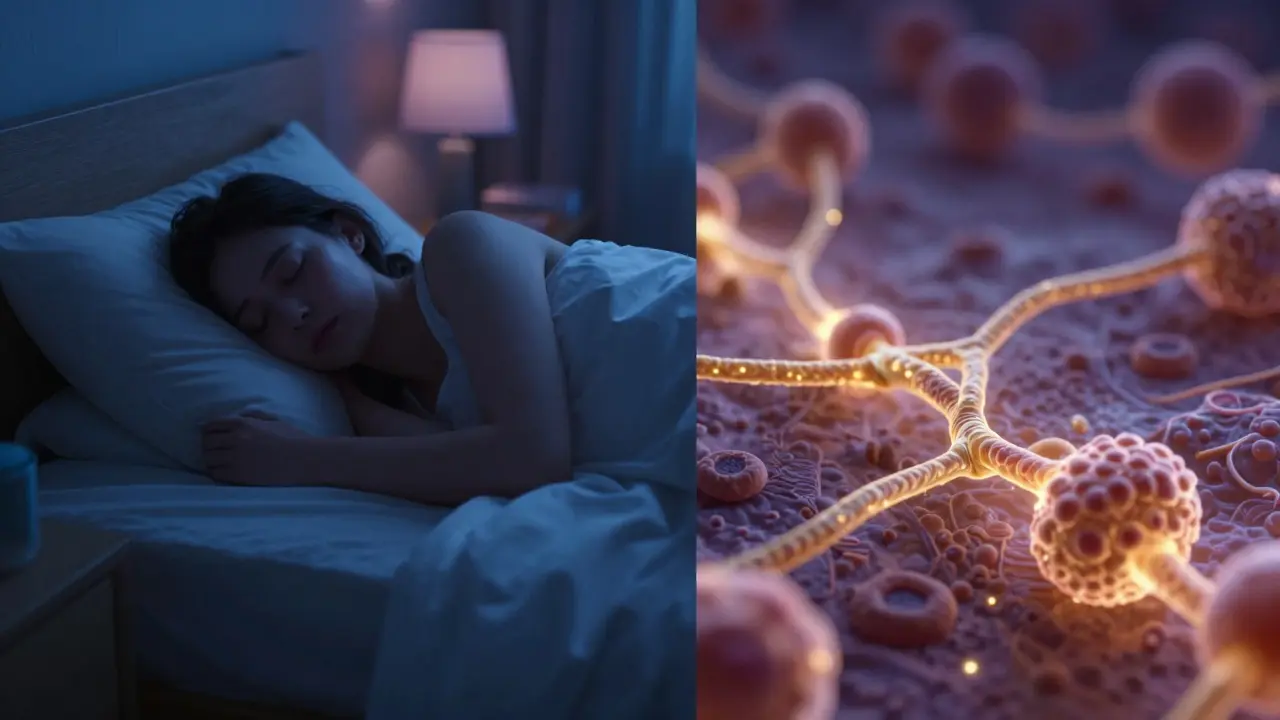 Konceptuální obraz spánku a mikroskopické regenerace kolagenových vláken v těle.