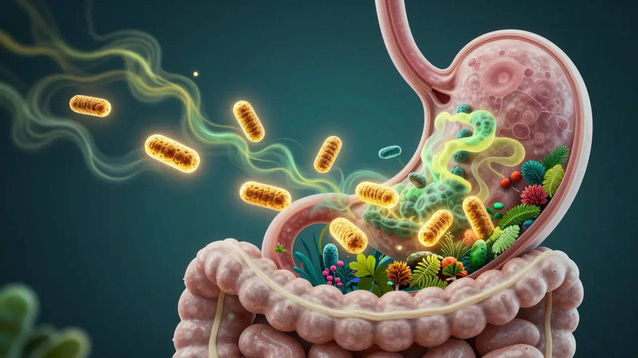 Konceptuální zobrazení cesty probiotik přes žaludek do zdravého střeva.
