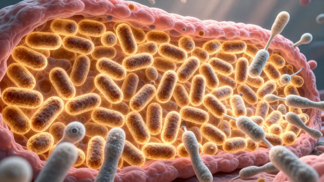 Konceptuální zobrazení ochranné vrstvy laktobacilů blokujících kvasinky.