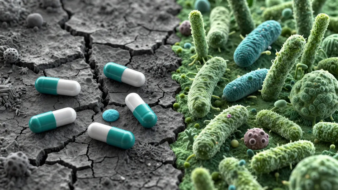 Kresba znázornující obnovu střevní mikroflóry po užití antibiotik.