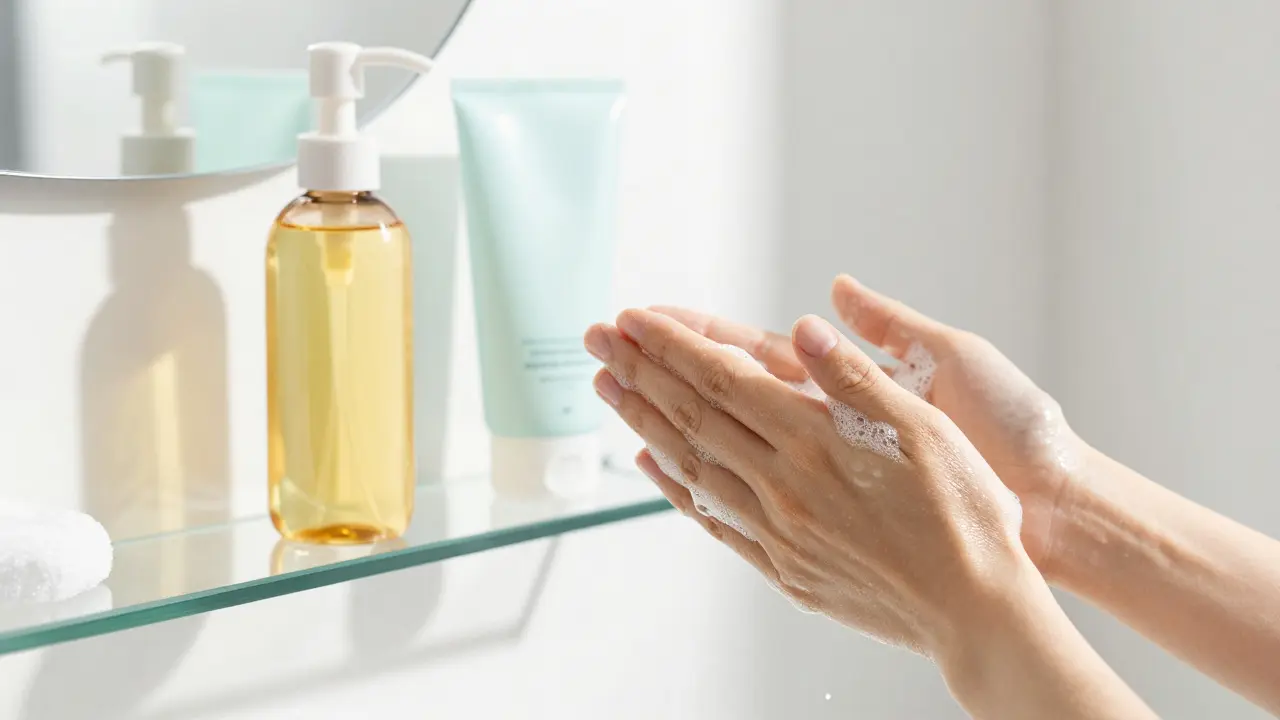 Proces dvojího čištění pleti s použitím čisticího oleje a pěnivého gelu.