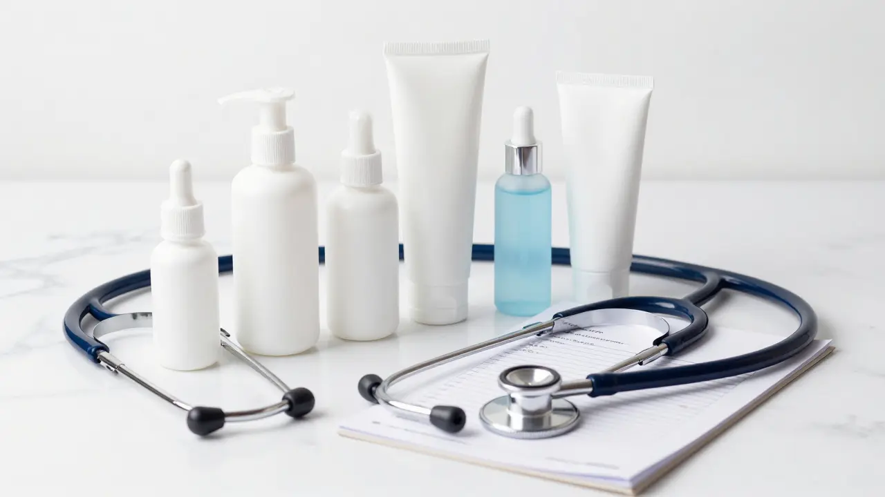 Sada dermokosmetických produktů vedle lékařského stetoskopu na bílém mramoru.