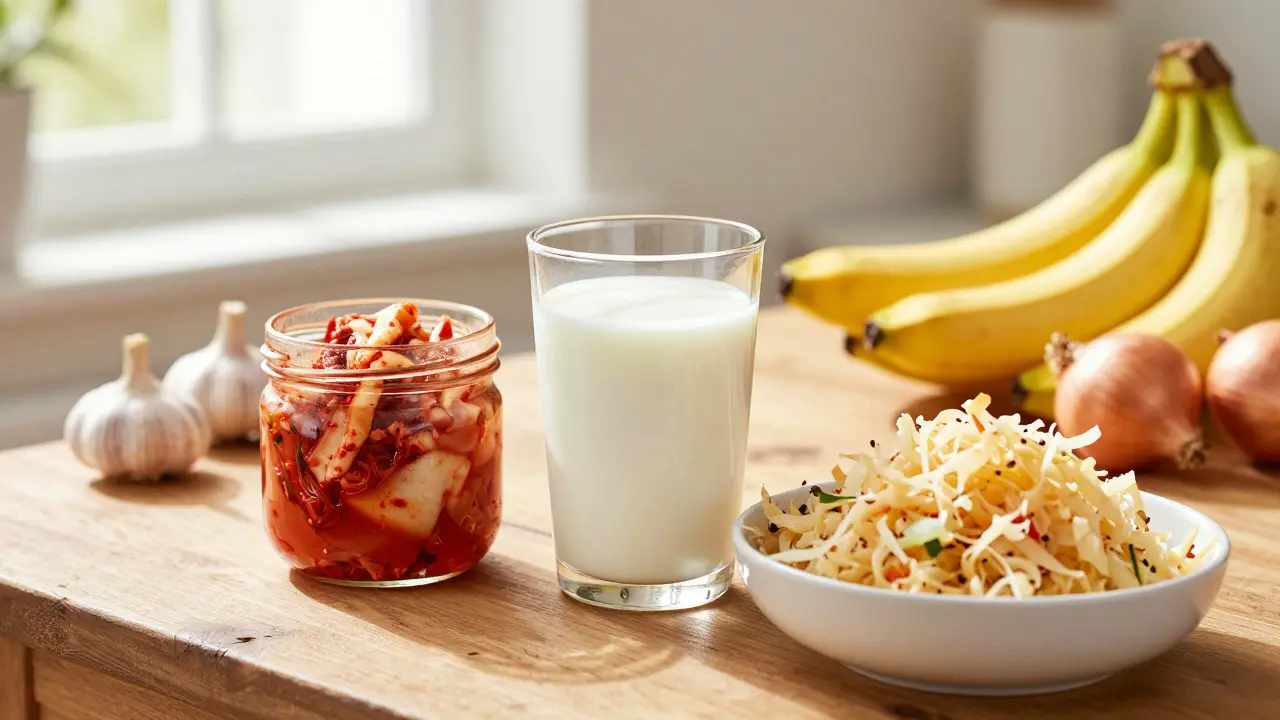 Sada fermentovaných potravin jako kefír, kimchi a zelí na dřevěném stole.