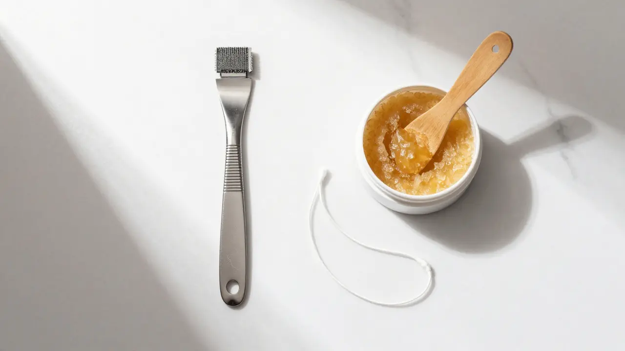 Sada nástupů pro odstranění chloupků: žiletka, cukrová pasta a nit.