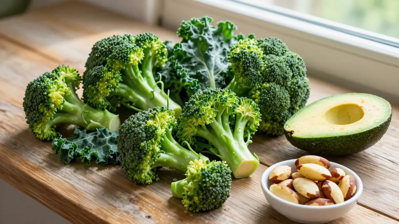 Sestava zdravých potravin včetně brokolic, kale a avokáda na dřevěném stole.