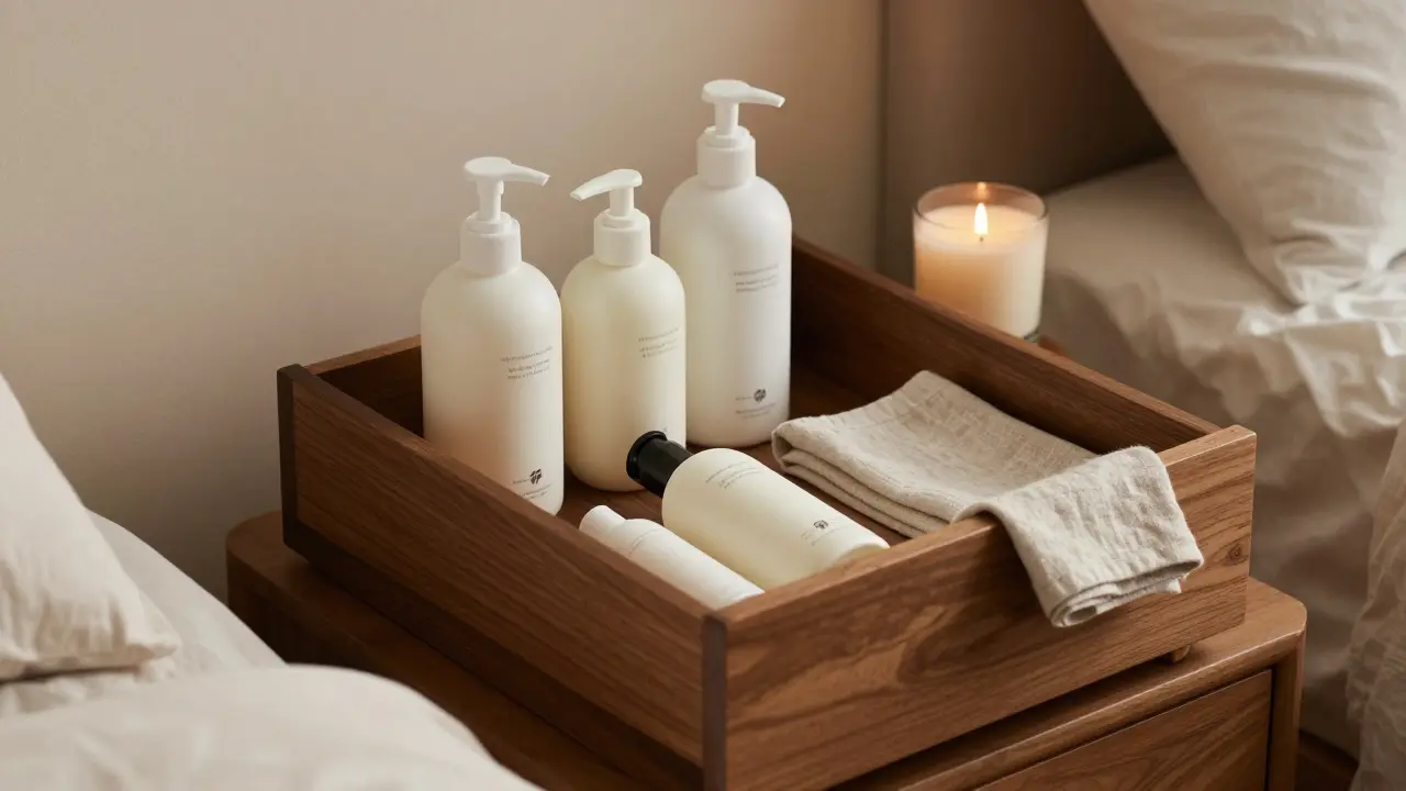 Správné skladování kosmetiky v temné dřevěné zásuvce v ložnici mimo dosah slunce.