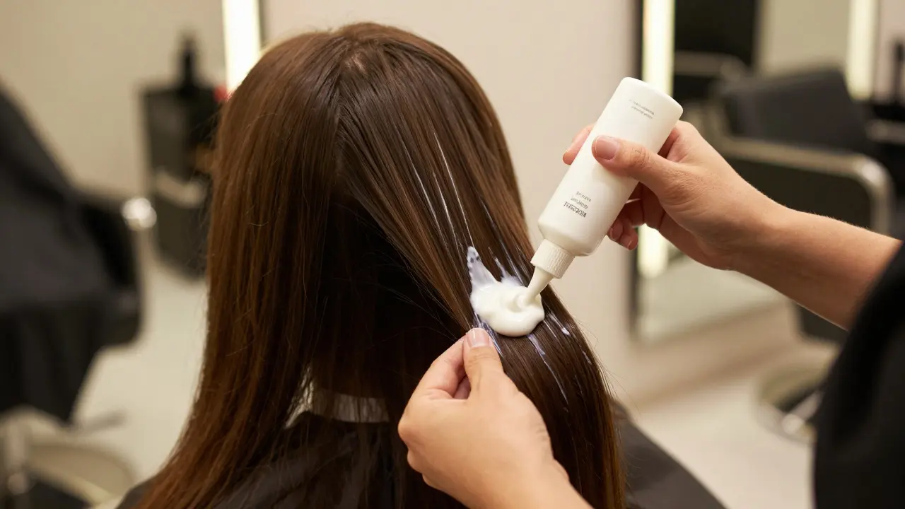 Stylista aplikuje botoxové sérum do pramenů dlouhých vlasů v moderním salonu.