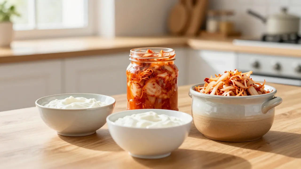 Tradiční fermentované potraviny včetně kimchi, kefiru a kysaného zelí na dřevěném stole.