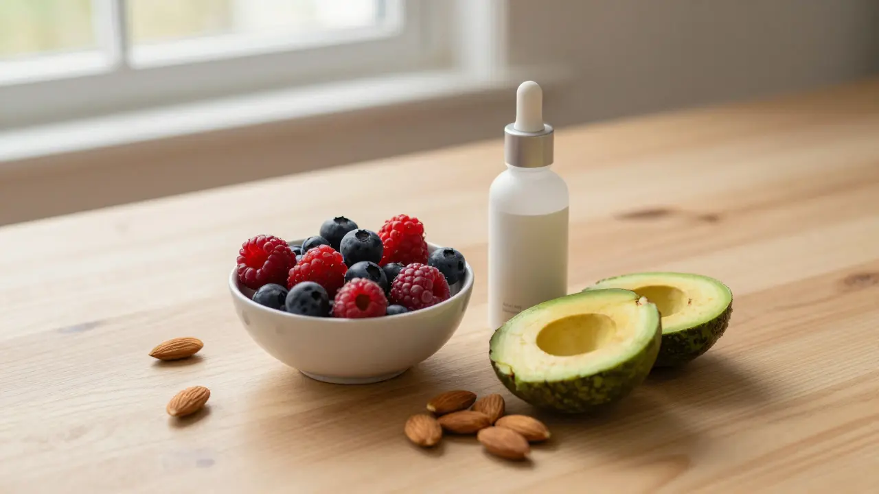 Zdravá strava s avokádem a borůvkami vedle kosmetického séra
