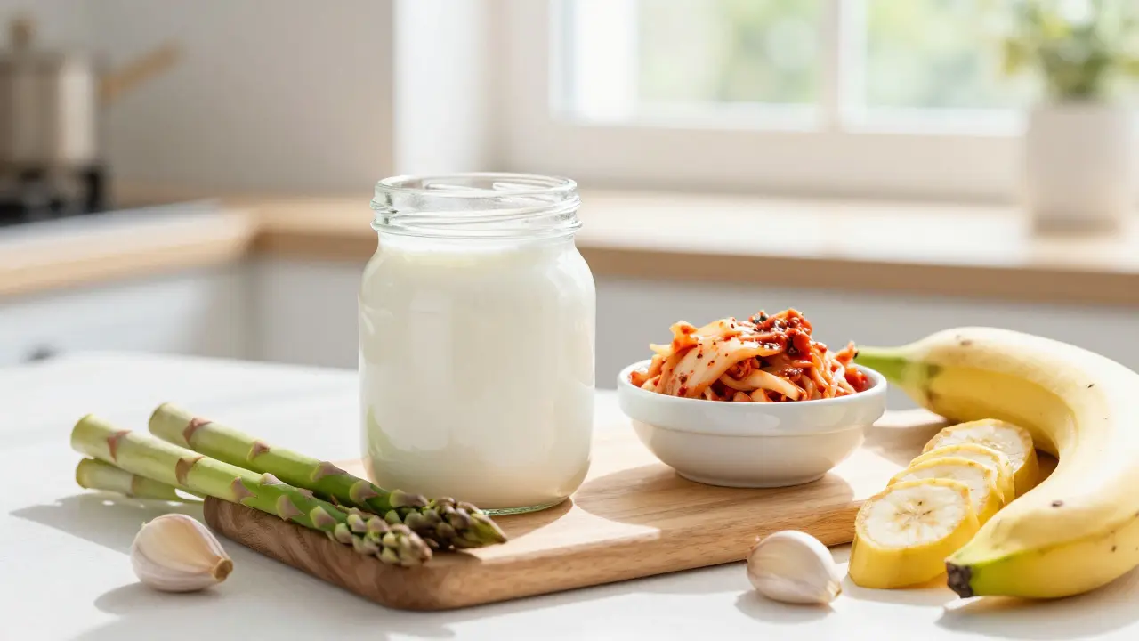 Zdravé probiotické potraviny jako kefír, kimchi a česnek na dřevěné desce.