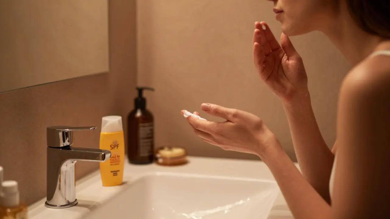 Žena aplikující pleťovou péči večer s připraveným opalovacím krémem na stole.