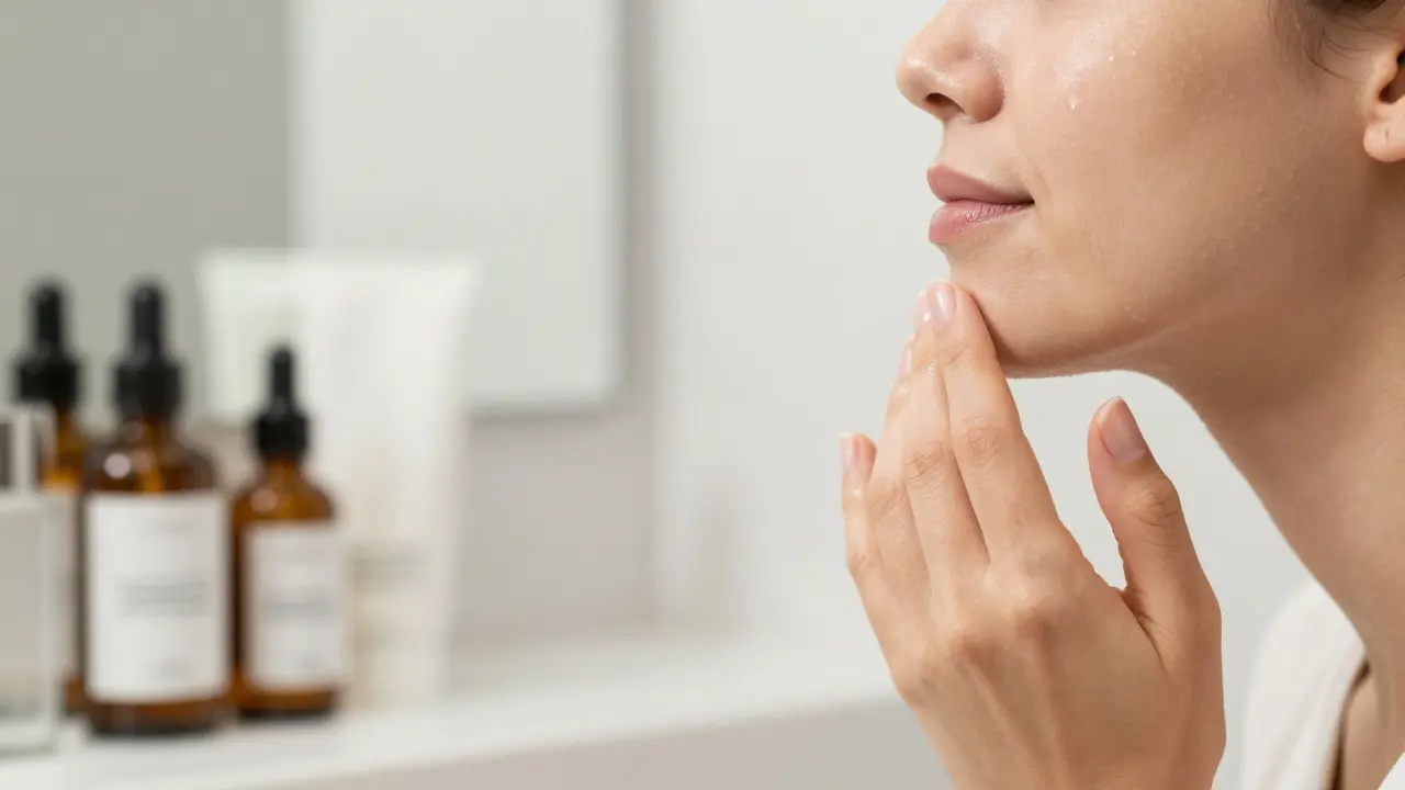 Žena nanášející bio sérum na obličej pro přirozený zdravý vzhled pleti.