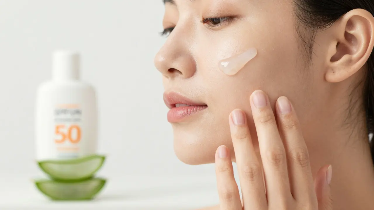 Žena nanáší zklidňující aloe vera gel na tvář po depilaci.