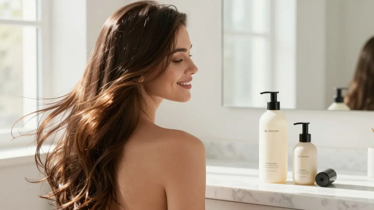 Žena s prunedmi, lesklými vlasy a profesionální bezsulfátovou kosmetikou na stole.