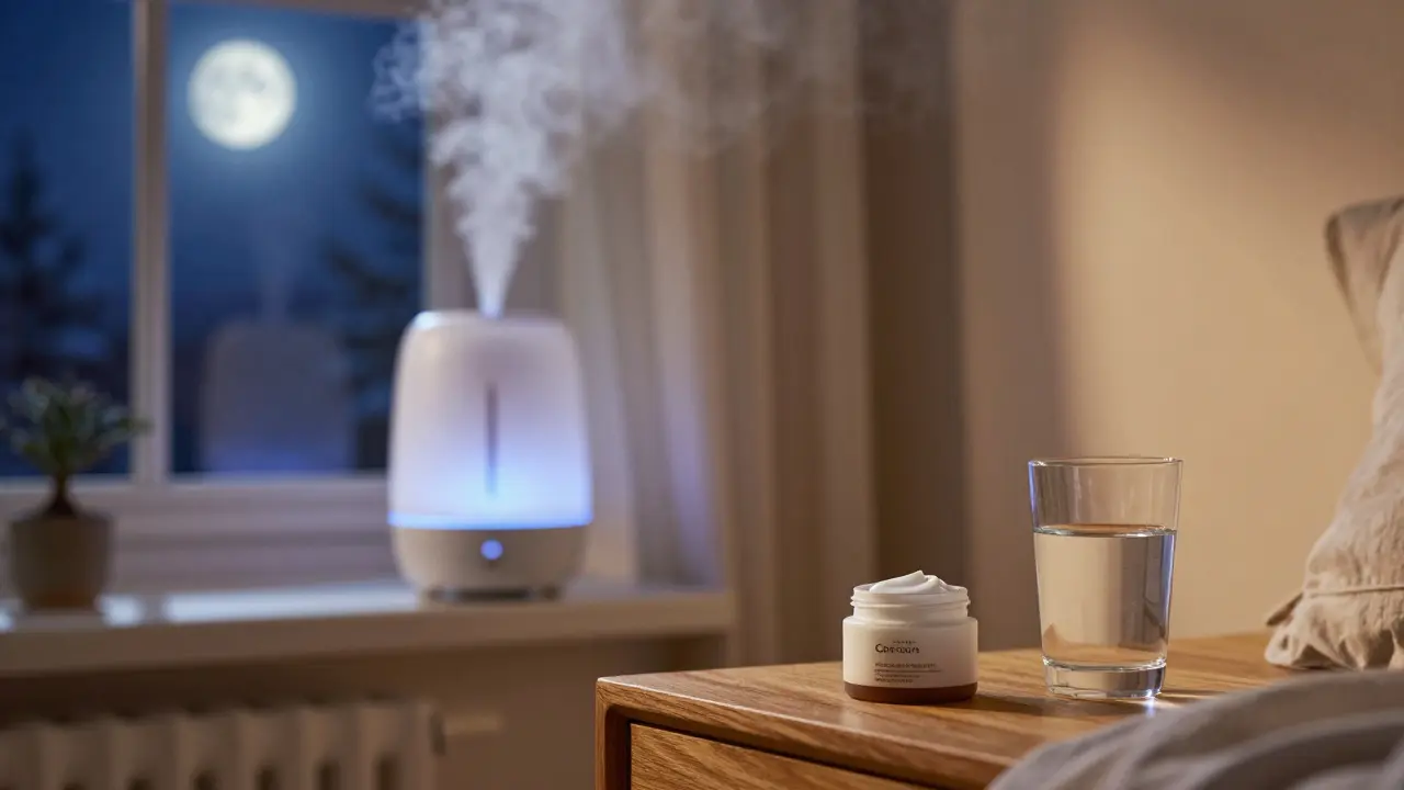 Zvlhčovač vzduchu a péče o pleť v útulném interiéru během zimy.