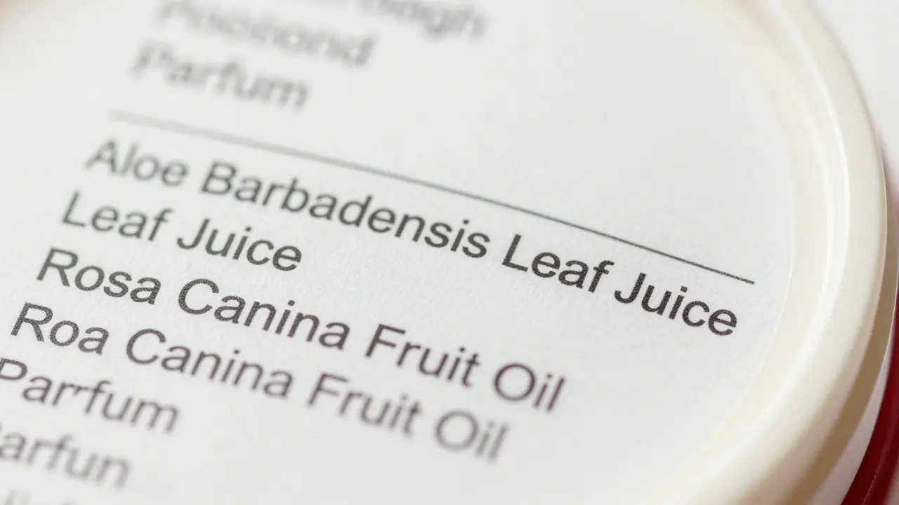 Detail seznamu ingrediencí na krému s latinskými názvy
