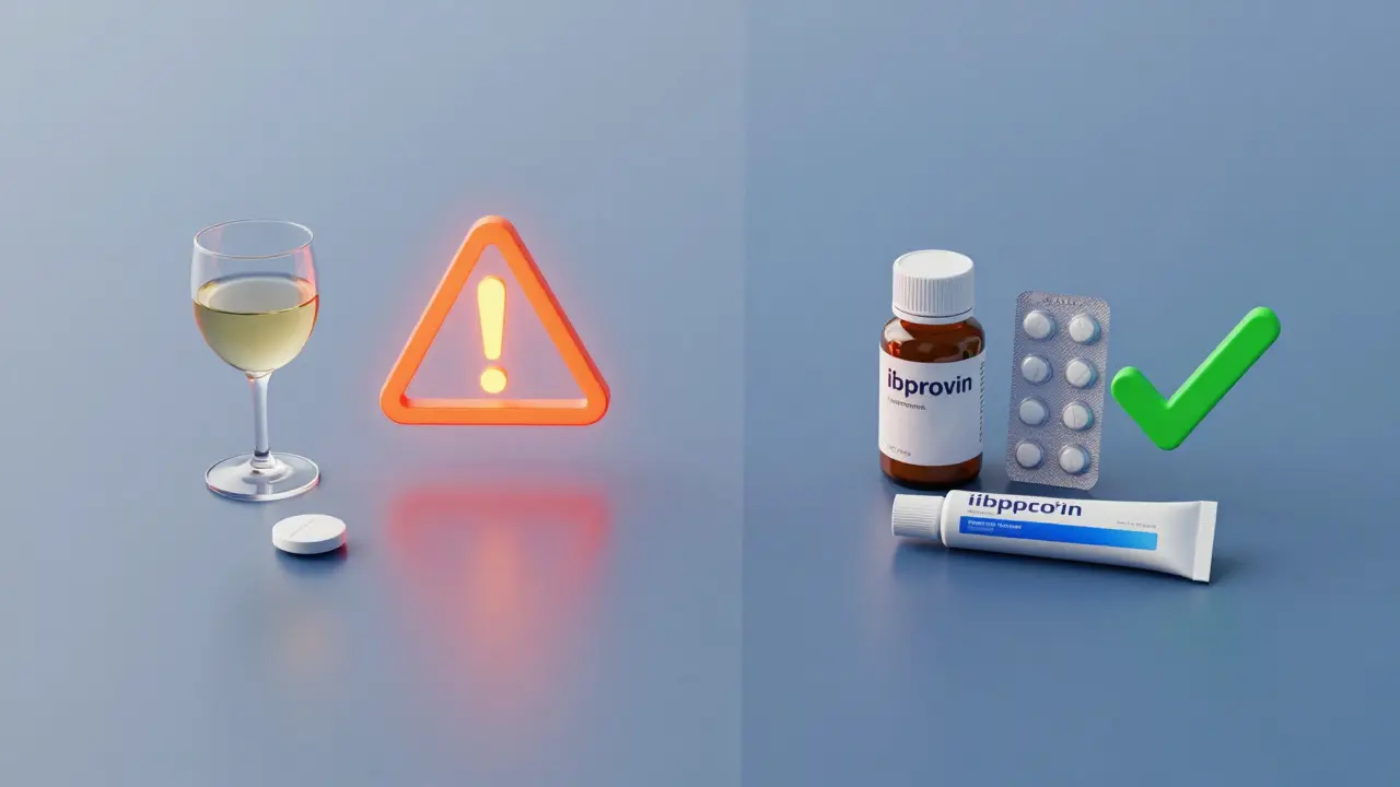 Konceptuální srovnání rizik kombinace alkoholu s léky a bezpečných alternativ.