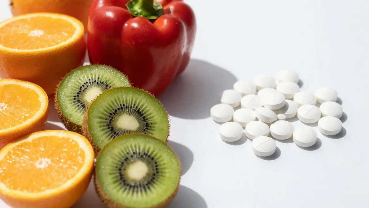 Kонтраст mezi přirozeným zdrojem vitamínu C v ovoci a doplňky stravy