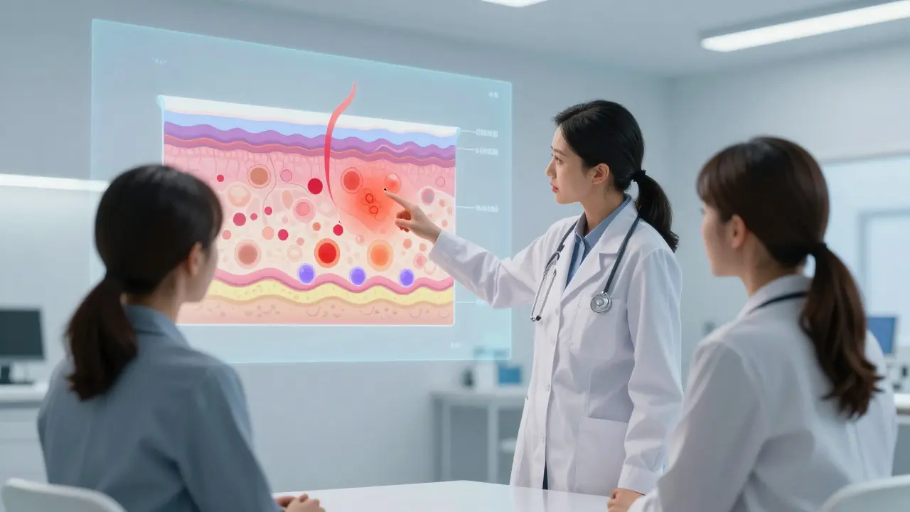 Lékař vysvětluje pacientce příčiny podráždění kůže u anatomické mapy