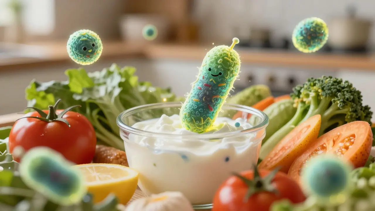 Makro záběr probiotických potravin a bakterií podporujících střevní zdraví.