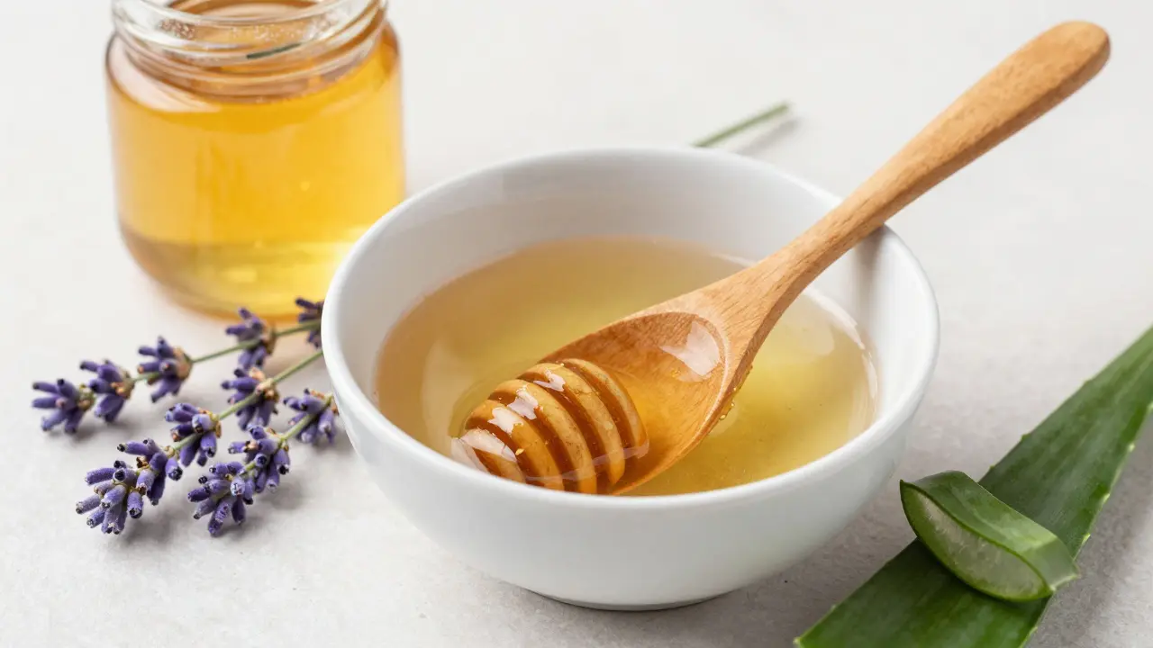 Miska s medem a cibulovou šťávou vedle aloe vera v čistém prostředí