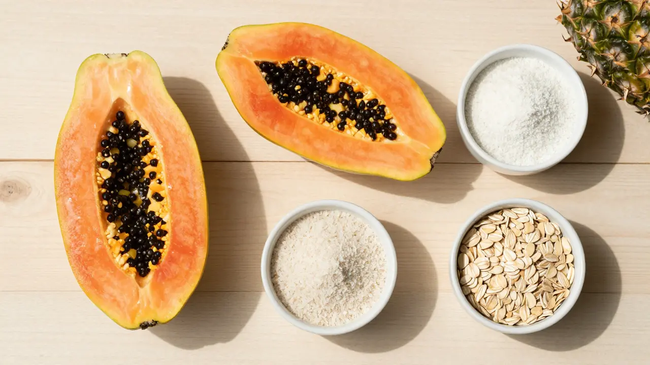 Přírodní ingredience jako papája a rýže pro peeling