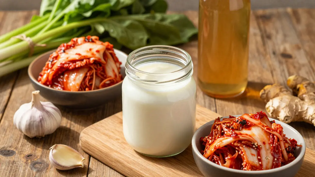 Přirozené zdroje probiotik: kefír, kimchi, zelí a kombucha na dřevěném stole