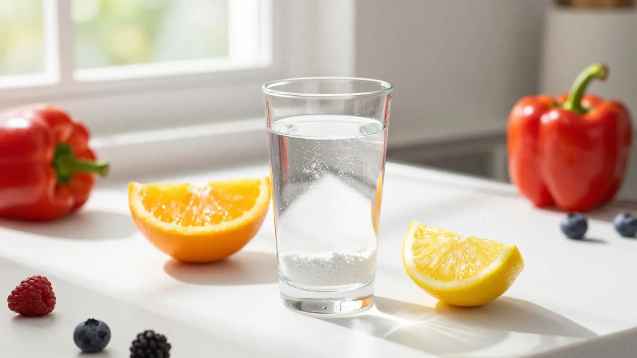 Sklenice vody s kolagenem a citrusy ilustrující důležitost vitamínu C pro účinnost doplňků.
