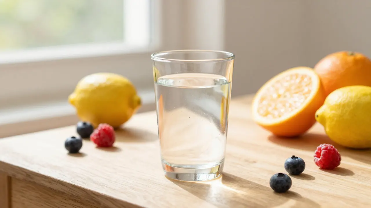 Sklenice vody s kolagenem a citrusy pro podporu vstřebávání