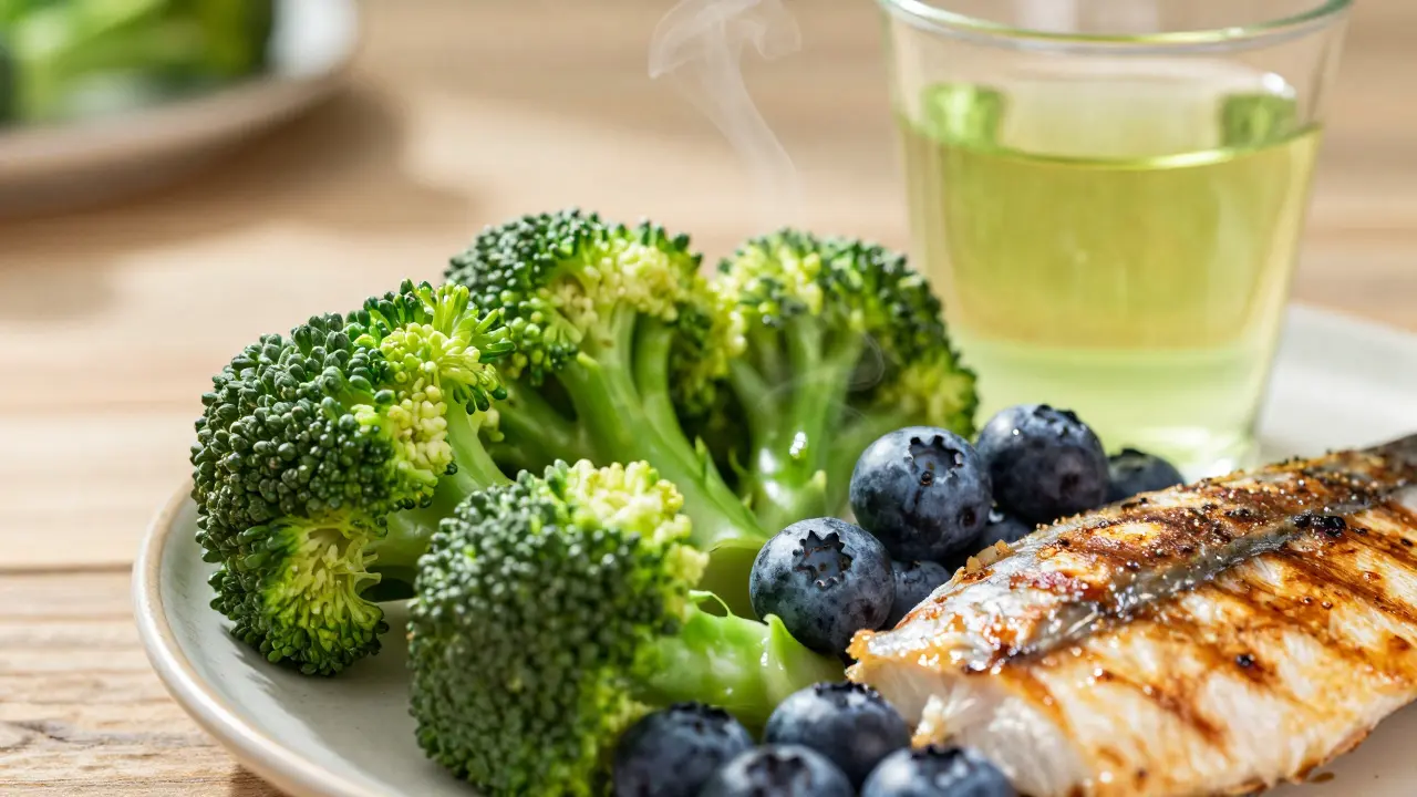 Čerstvé potraviny bohaté na antioxidanty jako brokolice a borůvky podporující regeneraci