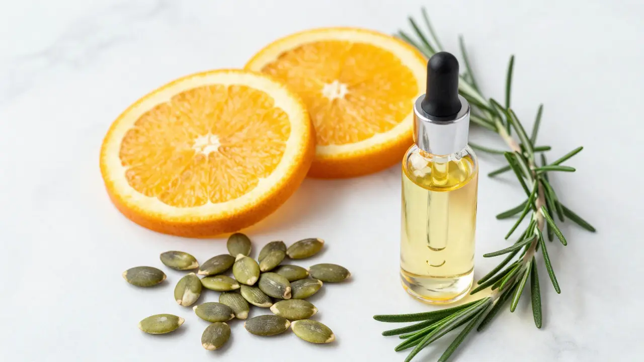 Citrusy, dýňová semena a olej s vitamínem D3 na bílém mramoru