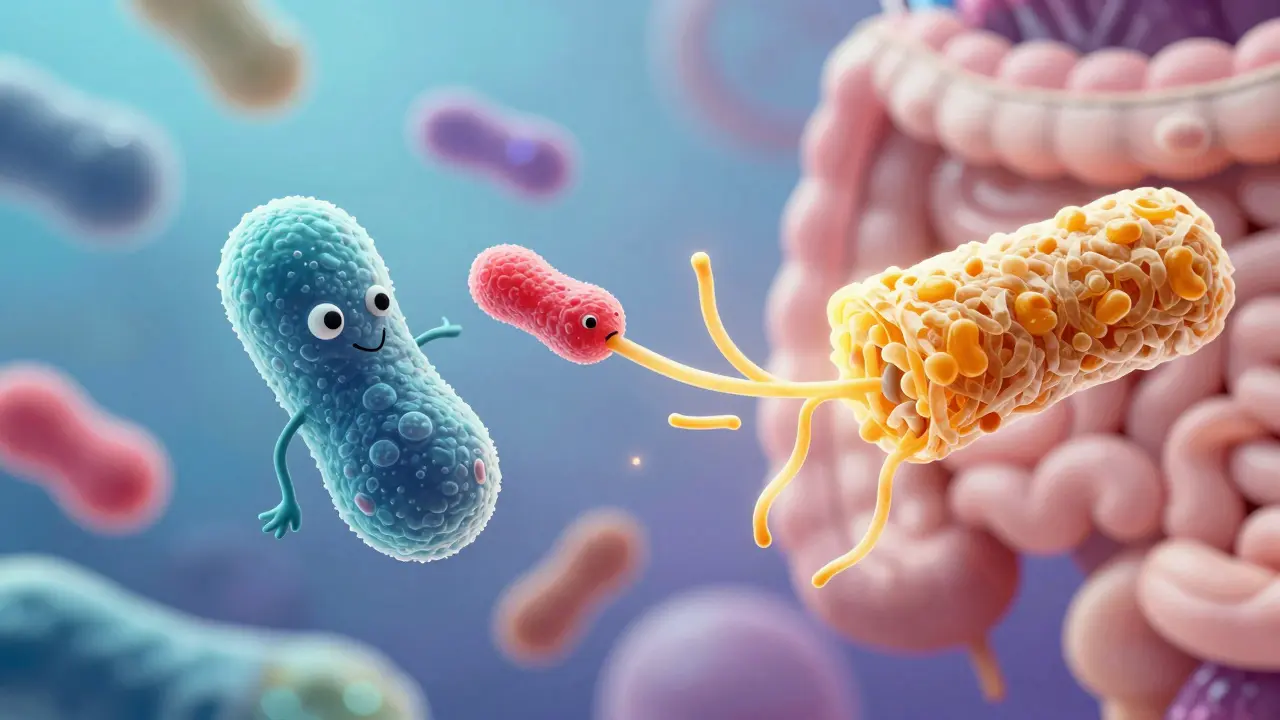 Ilustrace symbiózy: probiotické bakterie se živí vlákninou ve střevech