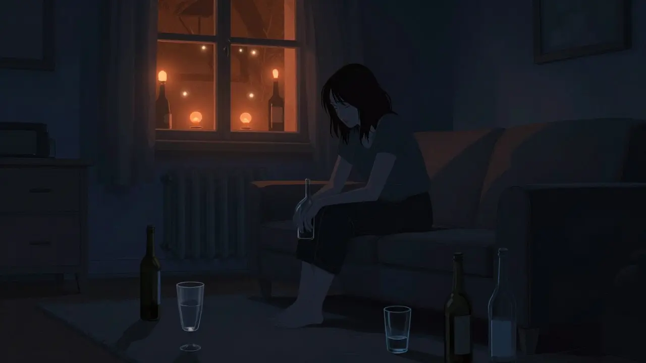 Osamělá žena ve tmě s lahvemi, izolace