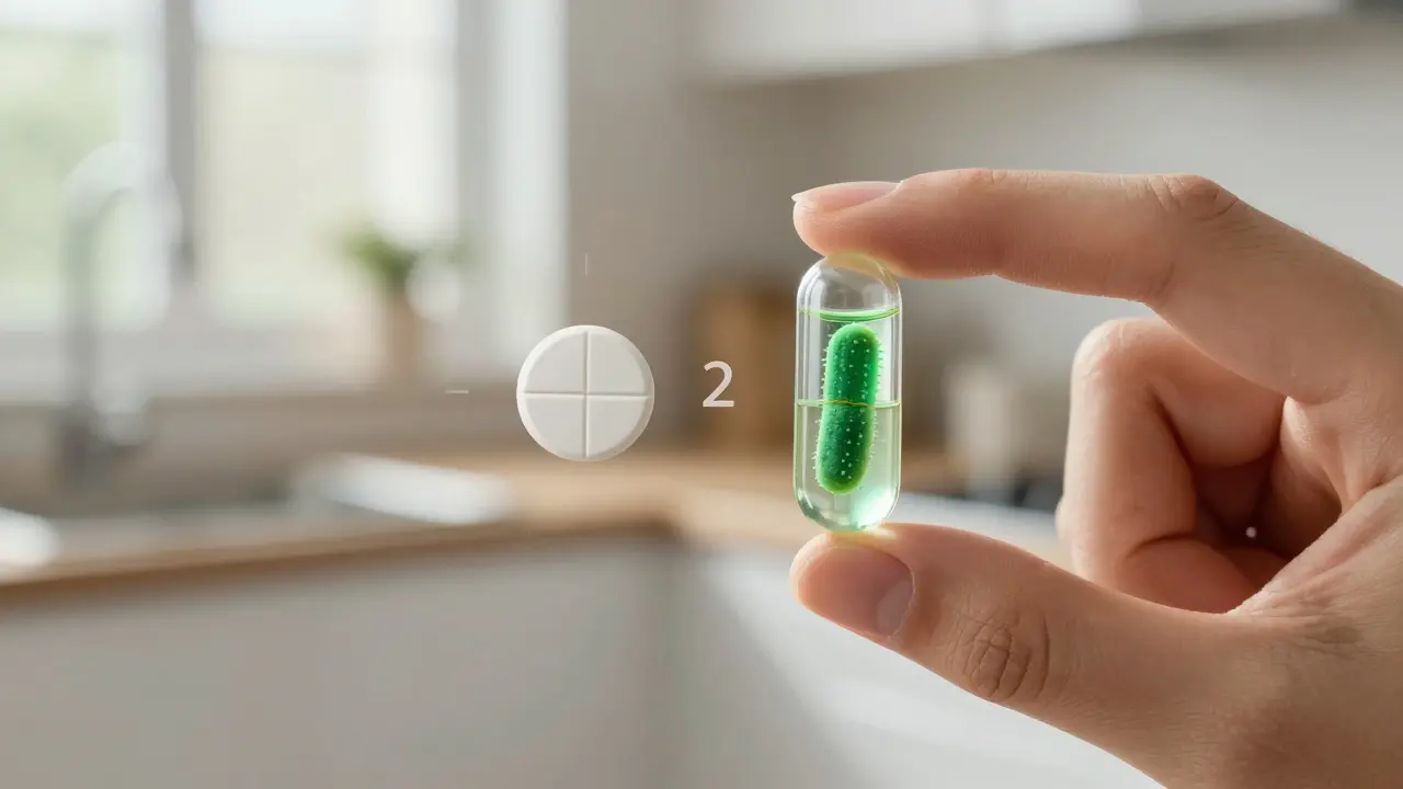Probiotická kapsle a antibiotické pilulky vedle sebe symbolizující časový odstup při užívání