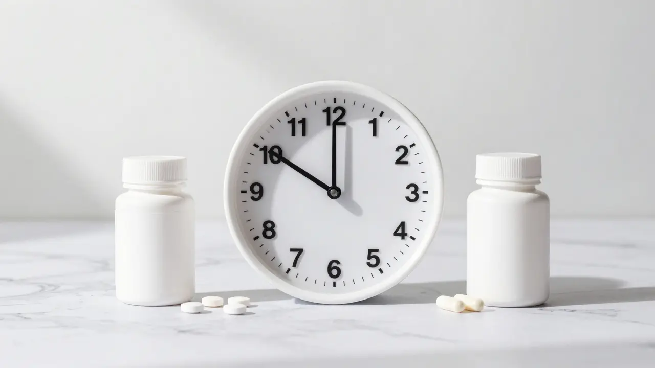 Probiotika a antibiotika vedle hodinek ukazujících časový odstup