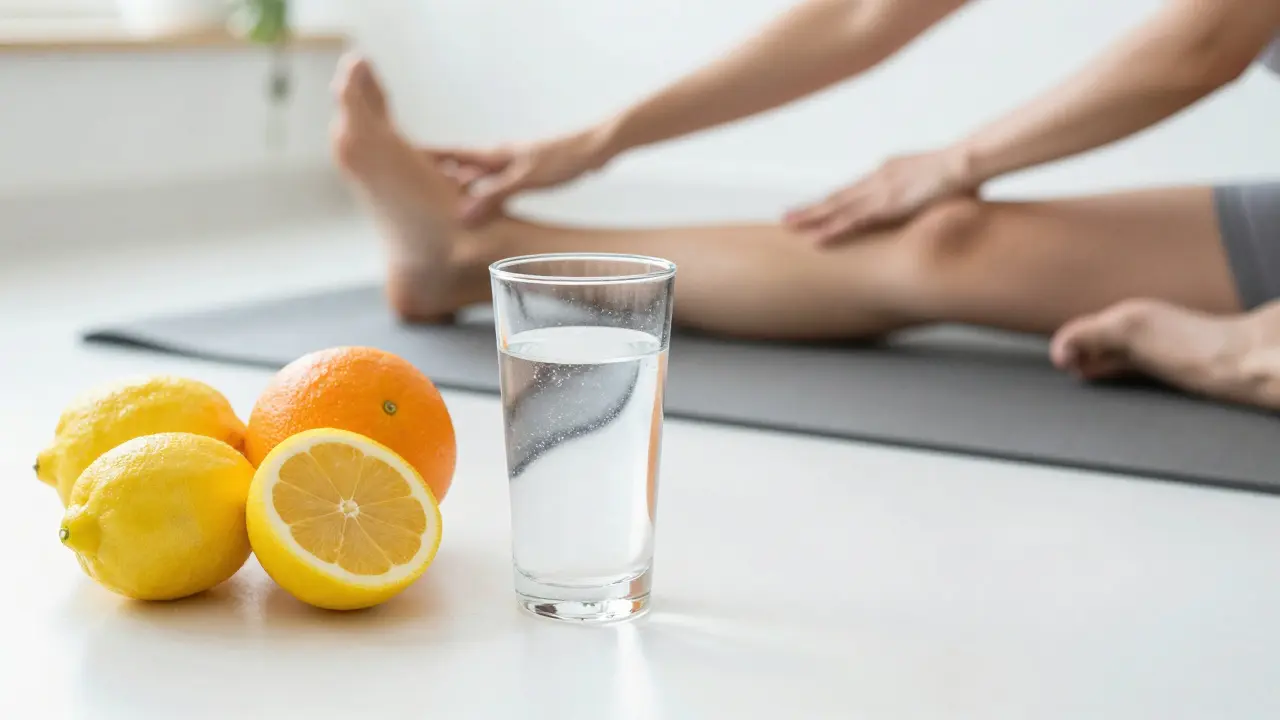Sklenice s rybím kolagenem a citrusy pro podporu kloubů