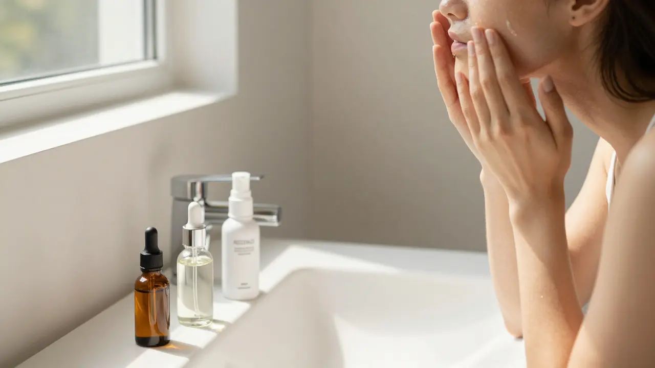 Žena aplikující sérum v koupelně s lahvemi vitaminu C a retinolu
