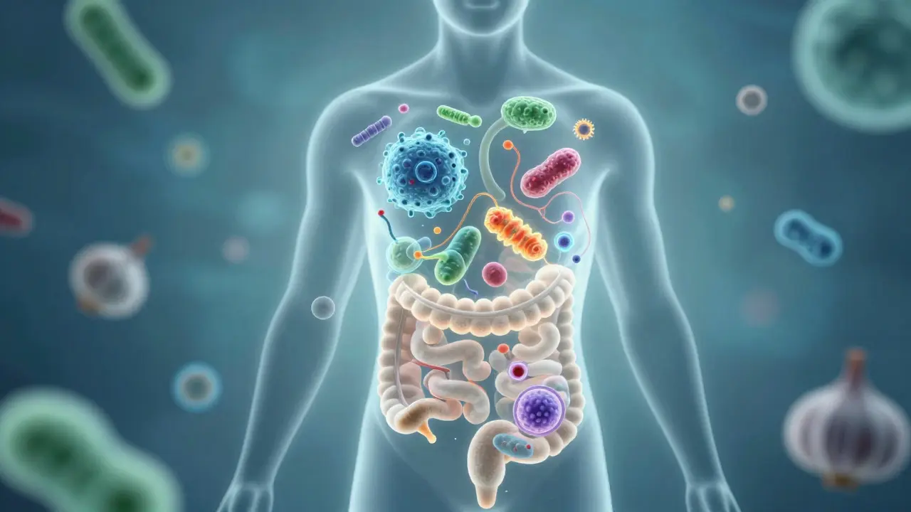 Abstraktní ilustrace vyváženého střevního mikrobiomu a probiotik