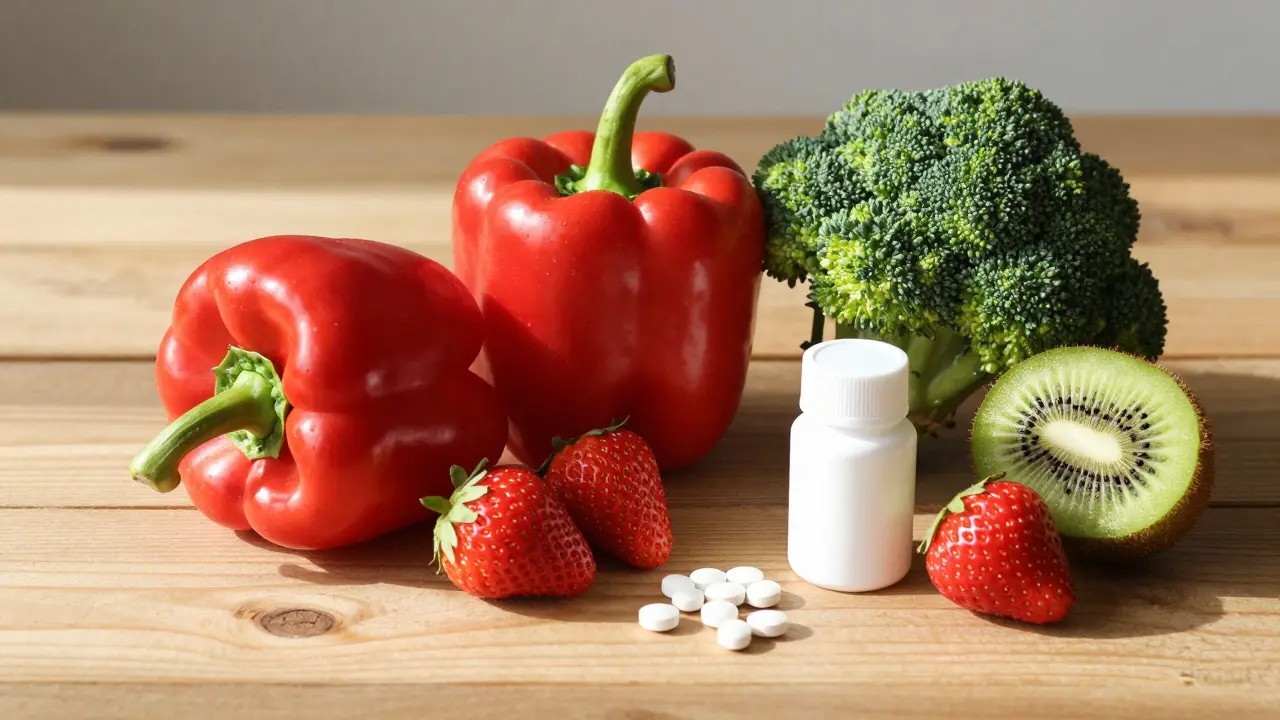 Čerstvá zelenina a ovoce bohaté na vitamín C vedle malé lahvičky doplňků stravy