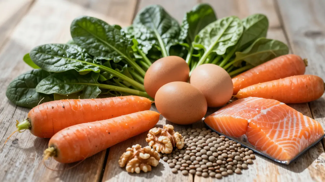Čerstvé potraviny bohaté na vitamíny B na dřevěném stole