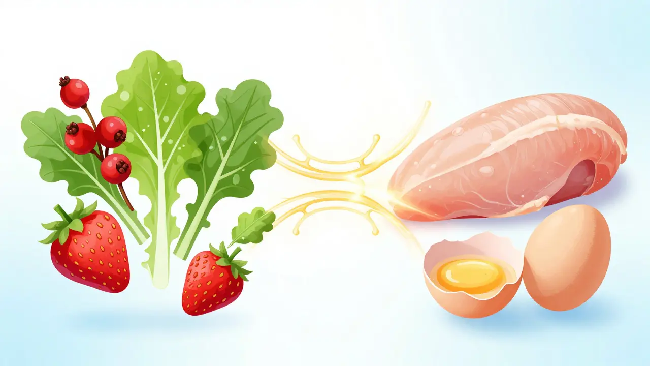 Fresh fruits and proteins converging into glowing cells