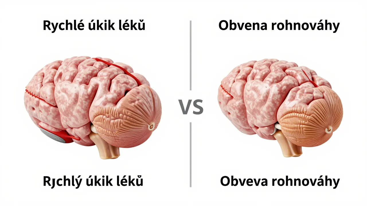 Ilustrace porovnávající rychlé odstranění syntetických hormonů z krve během několika dnů a pomalejší obnovu přirozené hormonální rovnováhy během týdnů až měsíců.