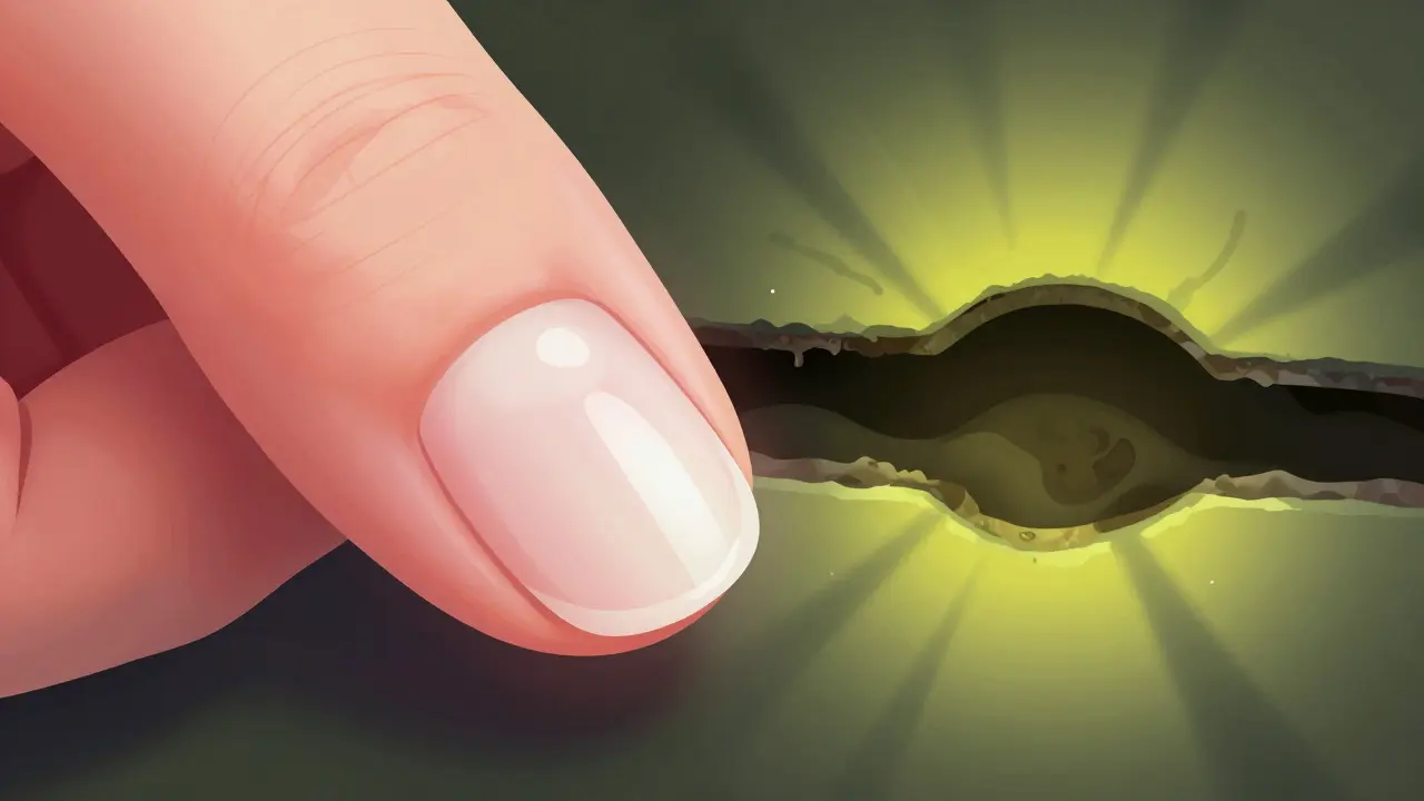 Konceptuální ilustrace rizika infekce pod mezerou mezi gelem a rostoucím nehtem.