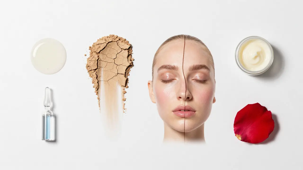 Minimalistické uspořádání ingrediencí pro různé typy pleti na bílém podkladu